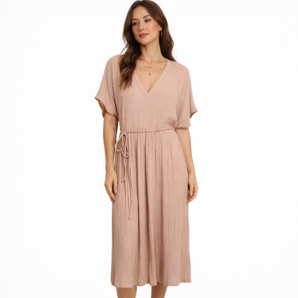 NEW ASOS Dress 8 Tall Dusty Pink Textured Knit Short Sleeve V-Neck Pleated Midi